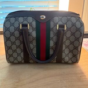 Vintage 80s Gucci Beige Monogram Bag with Red and Green Stripe